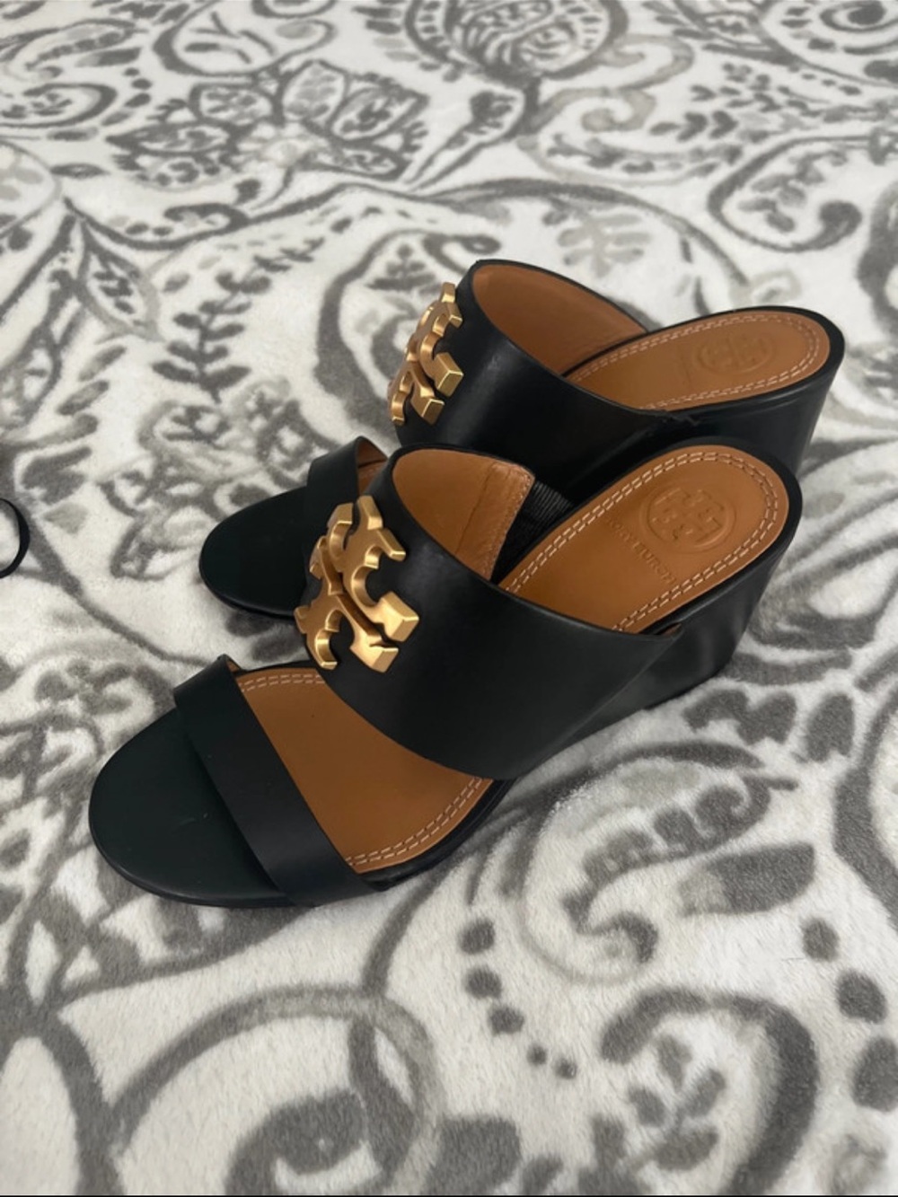 Tory Burch Black Leather Slide Mules with Tan Footbed